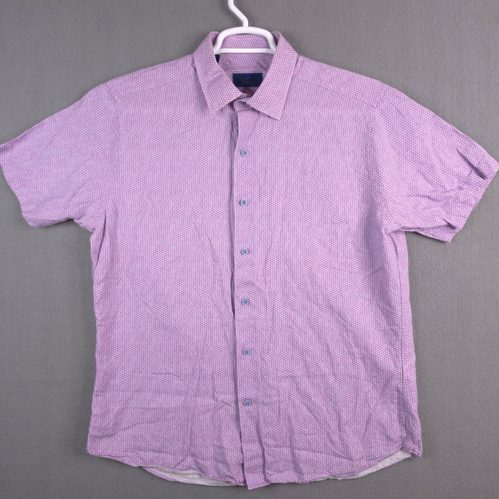 David Donahue Mens Purple Polka Dot Linen Short Sleeve Button Shirt L